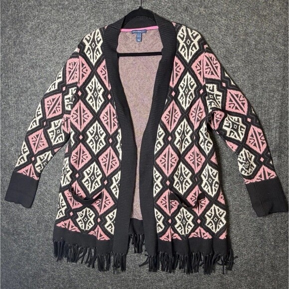 Isaac Mizrahi Live! Boho Cardigan Sweater XL Black Geometric Fringe Open Front - Picture 2 of 6